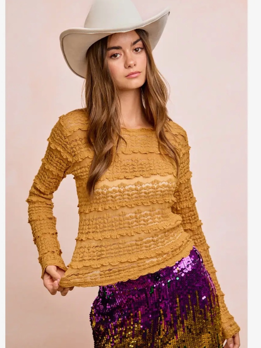 285. BiBi Mustard Ruffle & Lace Sheer Long Sleeve Top - Picture 3 of 3